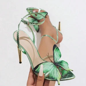 Ladies Three-dimensional Butterfly Decoration Electroplated Stiletto Sandals Green High Heels High Quality Designer Luxury Shoes