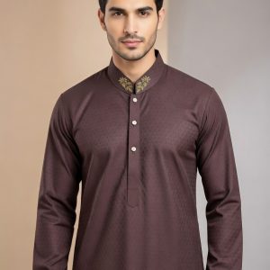 Eid Collection 2026 Burgundy Custom designed Panjabi by SAWIAA Bangladesh A regular-fit traditional outfit crafted from 100% Pakistani cotton fabric, featuring intricate Zardozi embroidery with French knots and dabka work