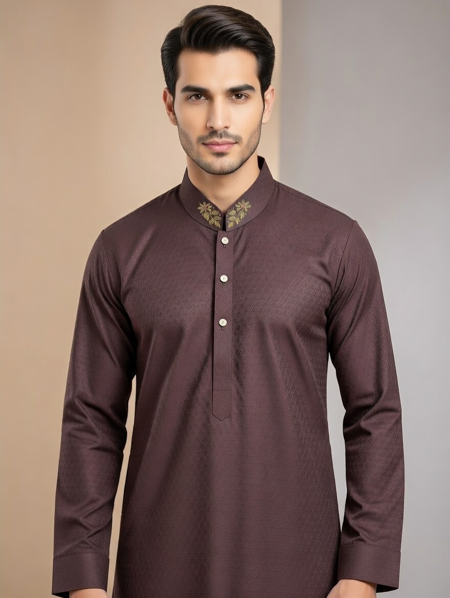 Eid Collection 2026 Burgundy Custom designed Panjabi by SAWIAA Bangladesh A regular-fit traditional outfit crafted from 100% Pakistani cotton fabric, featuring intricate Zardozi embroidery with French knots and dabka work