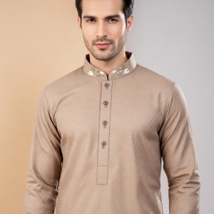Eid Collection 2026 warm camel beige Custom designed Panjabi by SAWIAA Bangladesh A regular-fit traditional outfit crafted from 100% Pakistani cotton fabric, featuring intricate Zardozi embroidery with French knots and dabka work