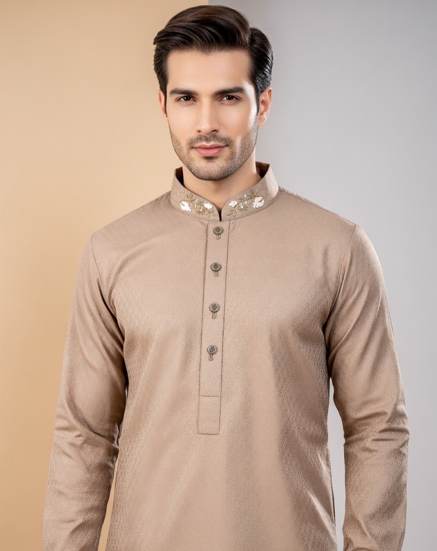 Eid Collection 2026 warm camel beige Custom designed Panjabi by SAWIAA Bangladesh A regular-fit traditional outfit crafted from 100% Pakistani cotton fabric, featuring intricate Zardozi embroidery with French knots and dabka work
