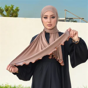 Ramadan Wavy Edge Muslim Hijab Scarf For Women Soft Jersey Shawl Plain Muslim Headband Solid Islam Eid Festival Turban Muffler