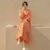 Lantern Sleeve Ruffles A-line Skirt Oversized Spring Autumn Loose Solid Color Long Dress Female Sweet Simplicity Casual Dresses