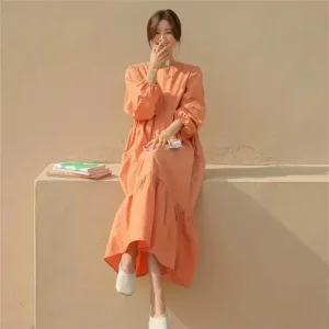 Lantern Sleeve Ruffles A-line Skirt Oversized Spring Autumn Loose Solid Color Long Dress Female Sweet Simplicity Casual Dresses