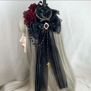 Gothic Lolita Black Hat Rose Flower Barrettes Lolita Headdress Lolita Hair Accessories