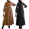 Luxury Eid Abaya for Women Long Sleeve Maxi Robe Islamic Middle Eastern Style Elegant Pleated PU Leather Collar Modest Dress