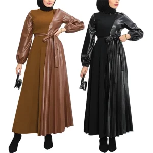 Luxury Eid Abaya for Women Long Sleeve Maxi Robe Islamic Middle Eastern Style Elegant Pleated PU Leather Collar Modest Dress
